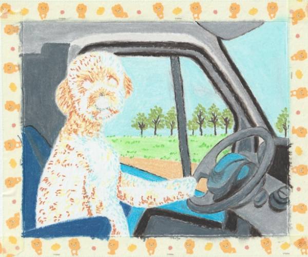 배경을 거의 완성하고 개의 털을 칠한 그림