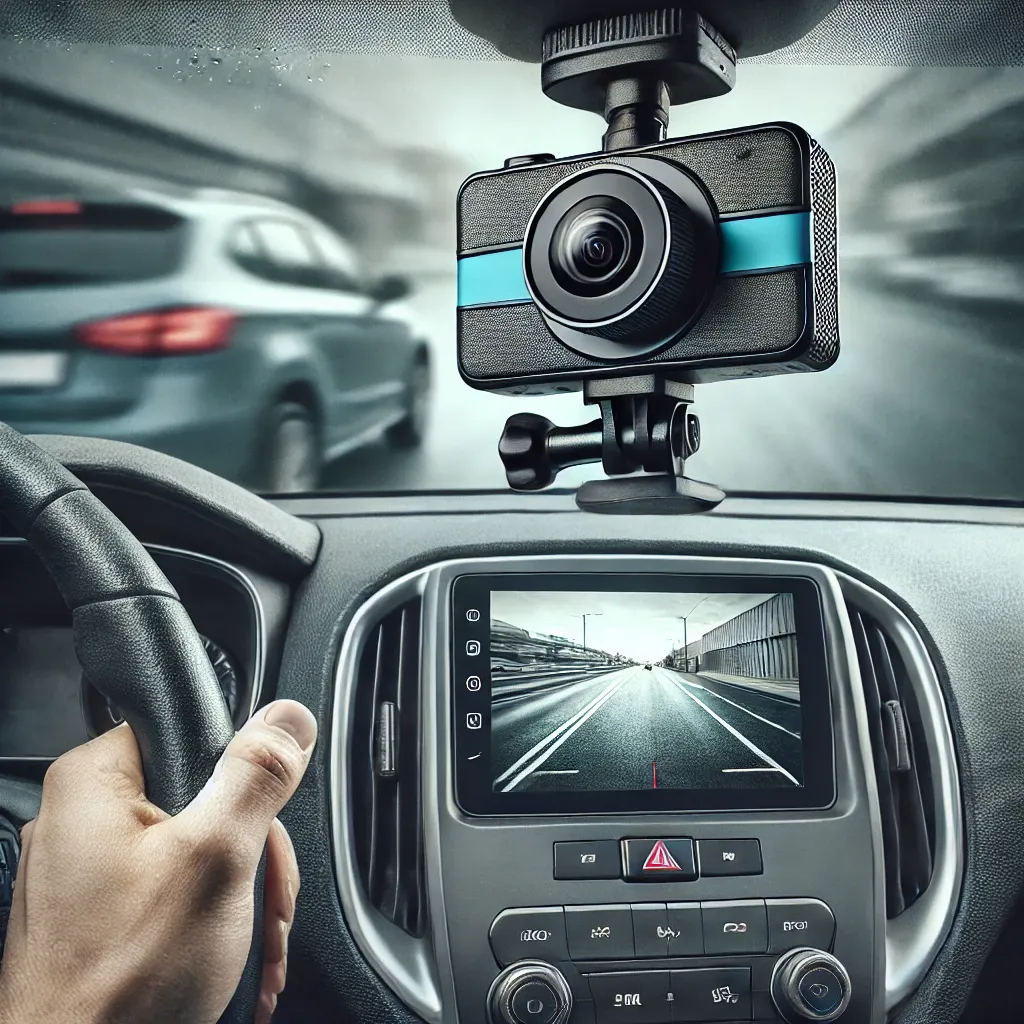 유리에 장착된 블랙박스와 화면에 표시된 도로 영상