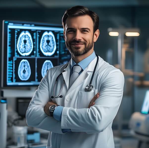 차트를 배경으로 팔짱을 끼고 웃고 있는 의사