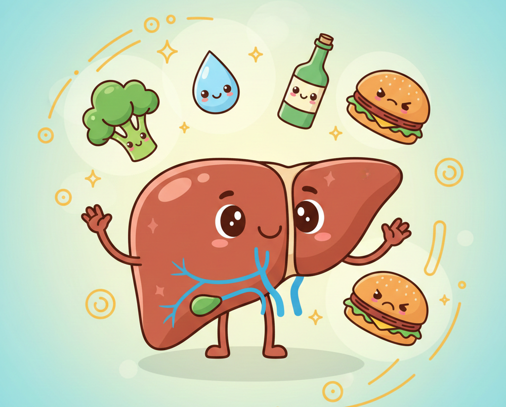 웃고 있는 간 캐릭터를 중심으로 건강에 좋은 음식(브로콜리, 물)과 해로운 음식(술, 햄버거)이 대비되어 나타난 일러스트입니다.