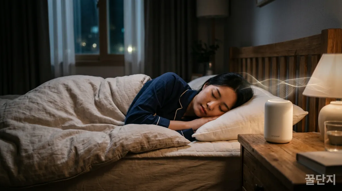수면 중인 사람 옆 탁자에 놓인 스마트 백색 소음기