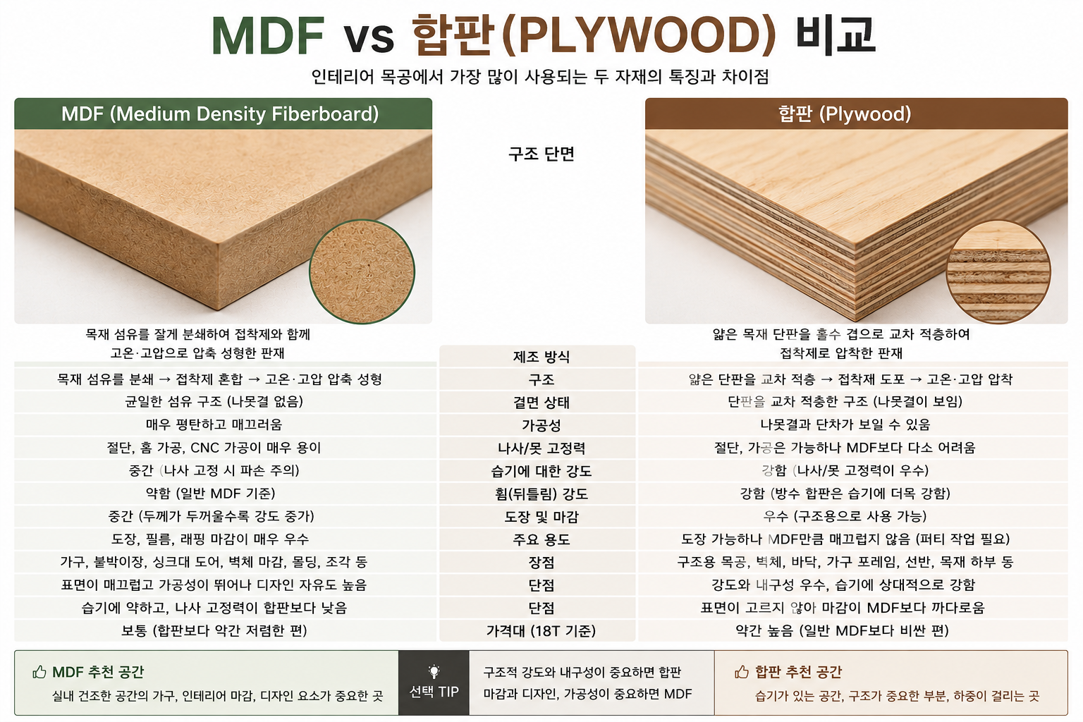 MDF와 합판의 특징 비교