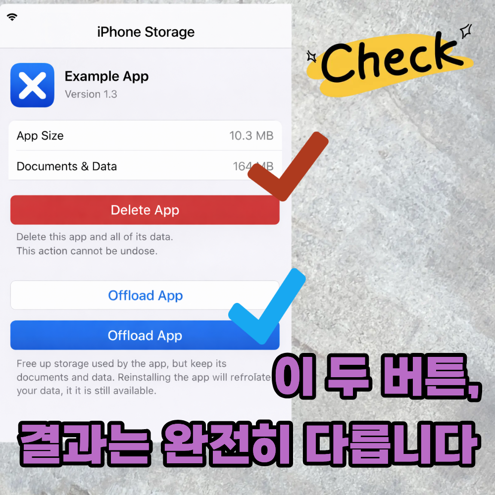 다시 쓸 앱 → 앱 정리 (오프로드) / 다시 안 쓸 앱 → 앱 삭제