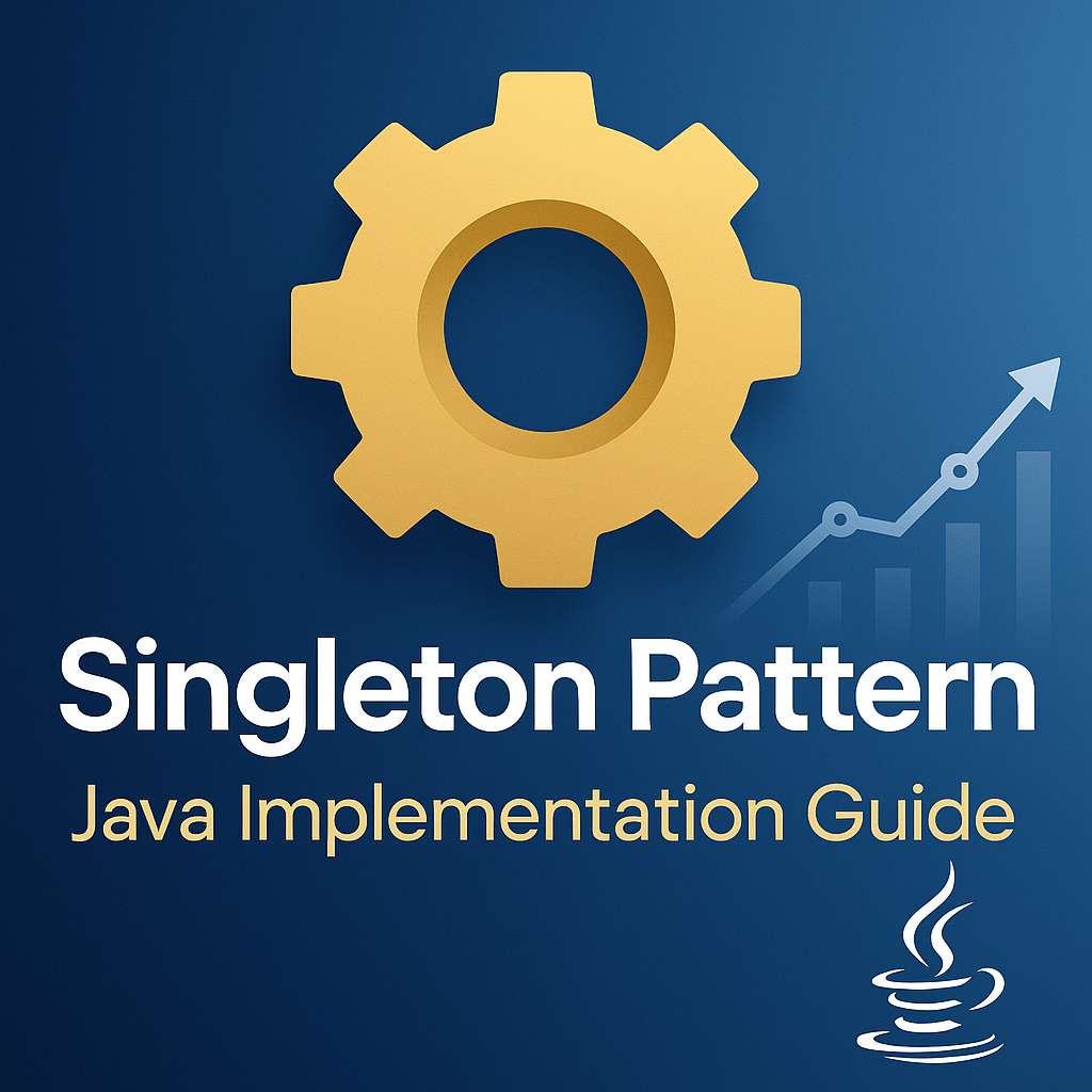 Java Singleton Pattern implementation guide thumbnail showing single gear symbol and performance metrics