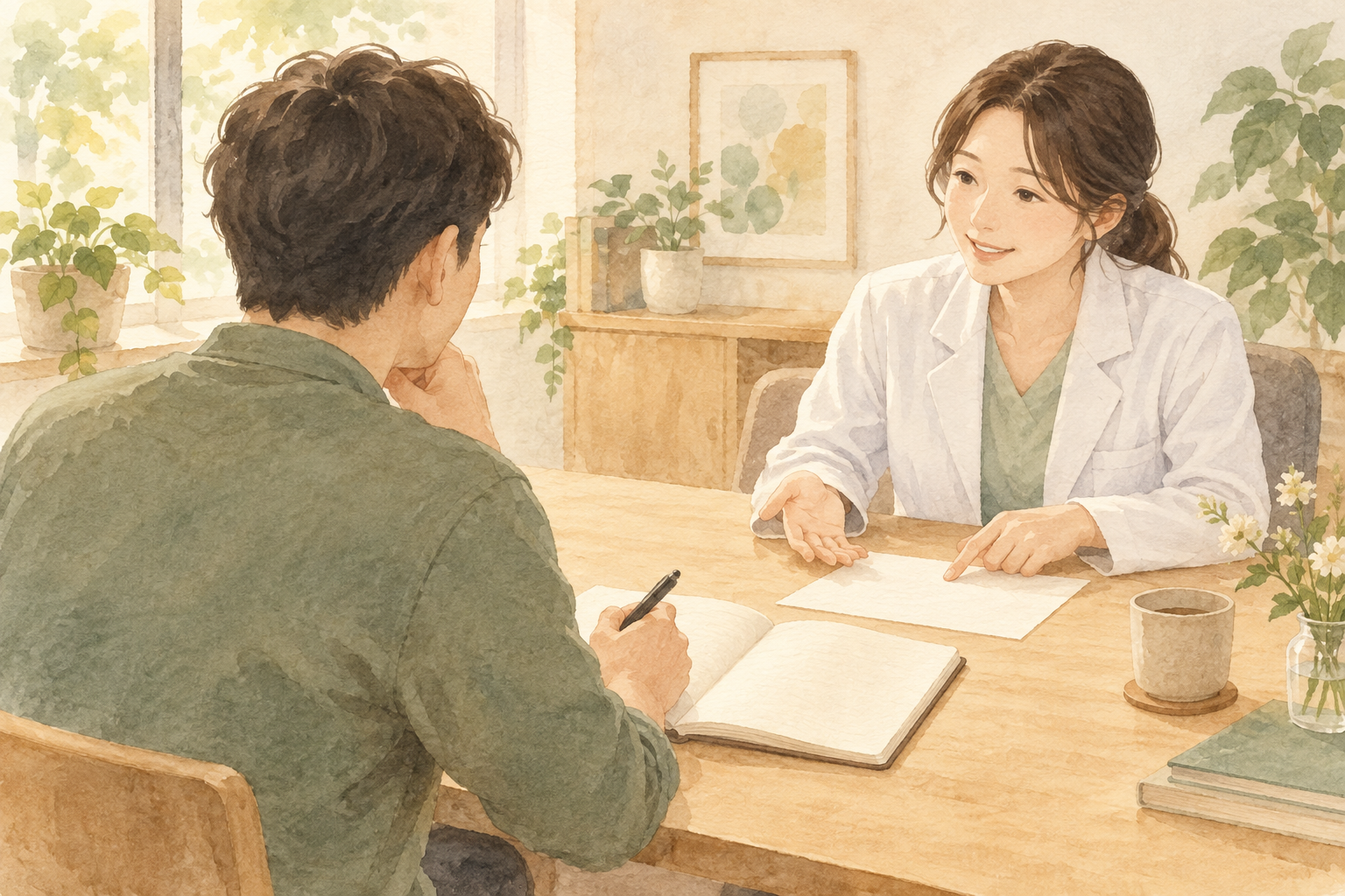 발달검사 결과 상담에서 메모하며 설명을 듣는 아버지의 수채화 삽화