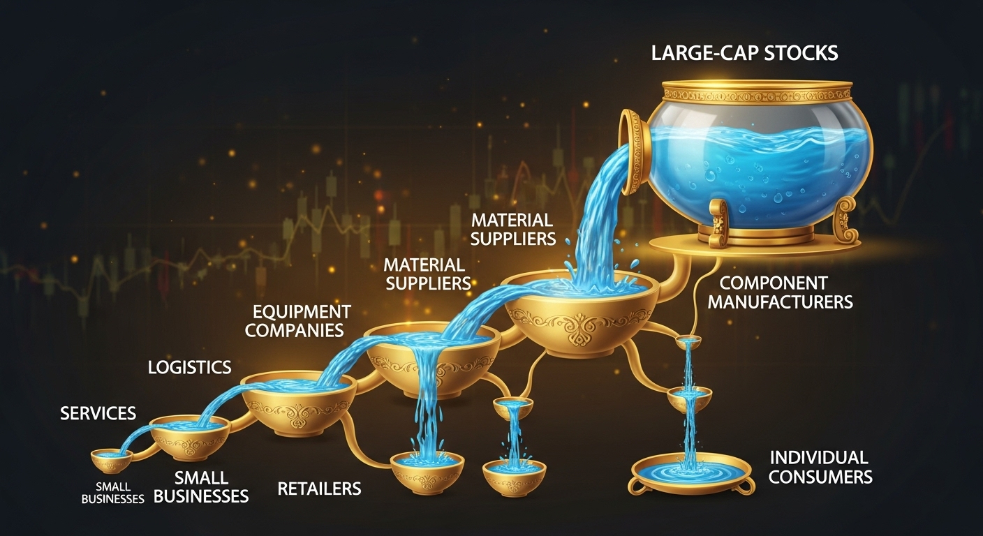 Infographic of 'trickle-down effect' where water overflowing from a large tank (large-cap stocks) fills smaller bowls (equipmentmaterial companies) below.