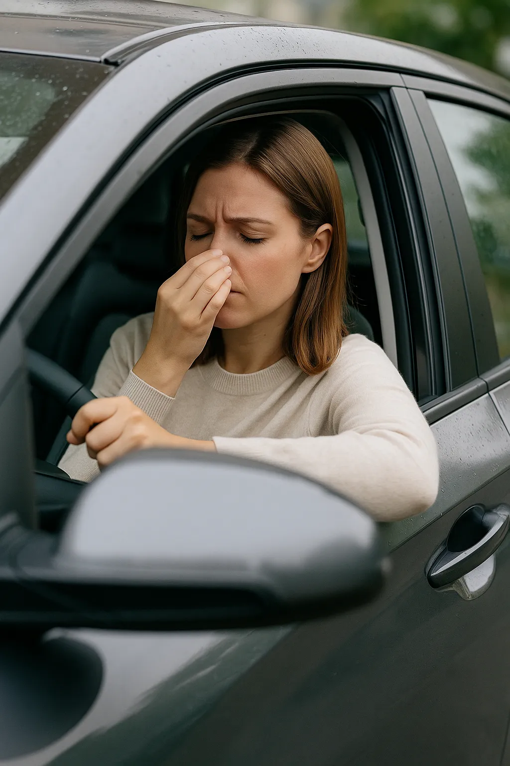 새-차-냄새-때문에-코를-막고-불편한-표정을-짓는-여성의-모습-새로운-자동차-실내-냄새가-건강에-해로울-수-있는지에-대한-의문을-표현한-장면