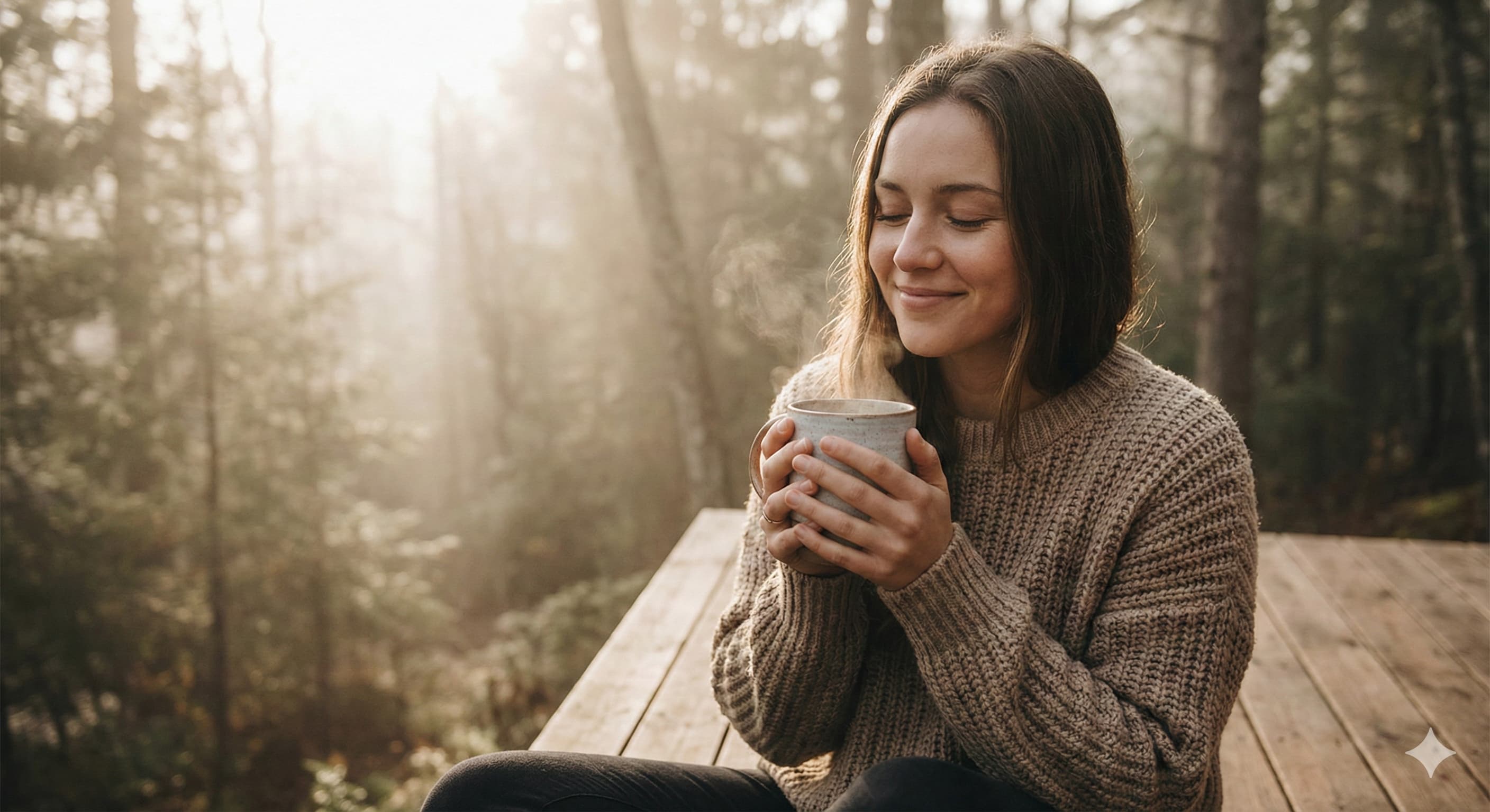 숲속 야외 테라스에서 따뜻한 차를 마시며 속을 편안하게 하는 여성