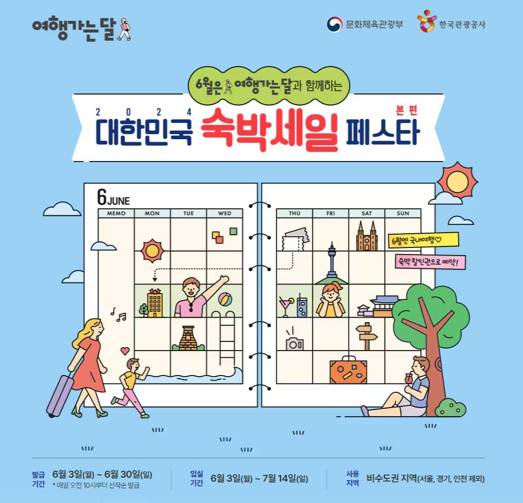 2024년 대한민국 숙박세일 페스타_ 여름휴가를 계획 중이신 분들께 최고의 할인 혜택을 제공하는 이번 이벤트는 비수도권 지역에서 이용 가능한 특별한 숙박 할인권을 발급