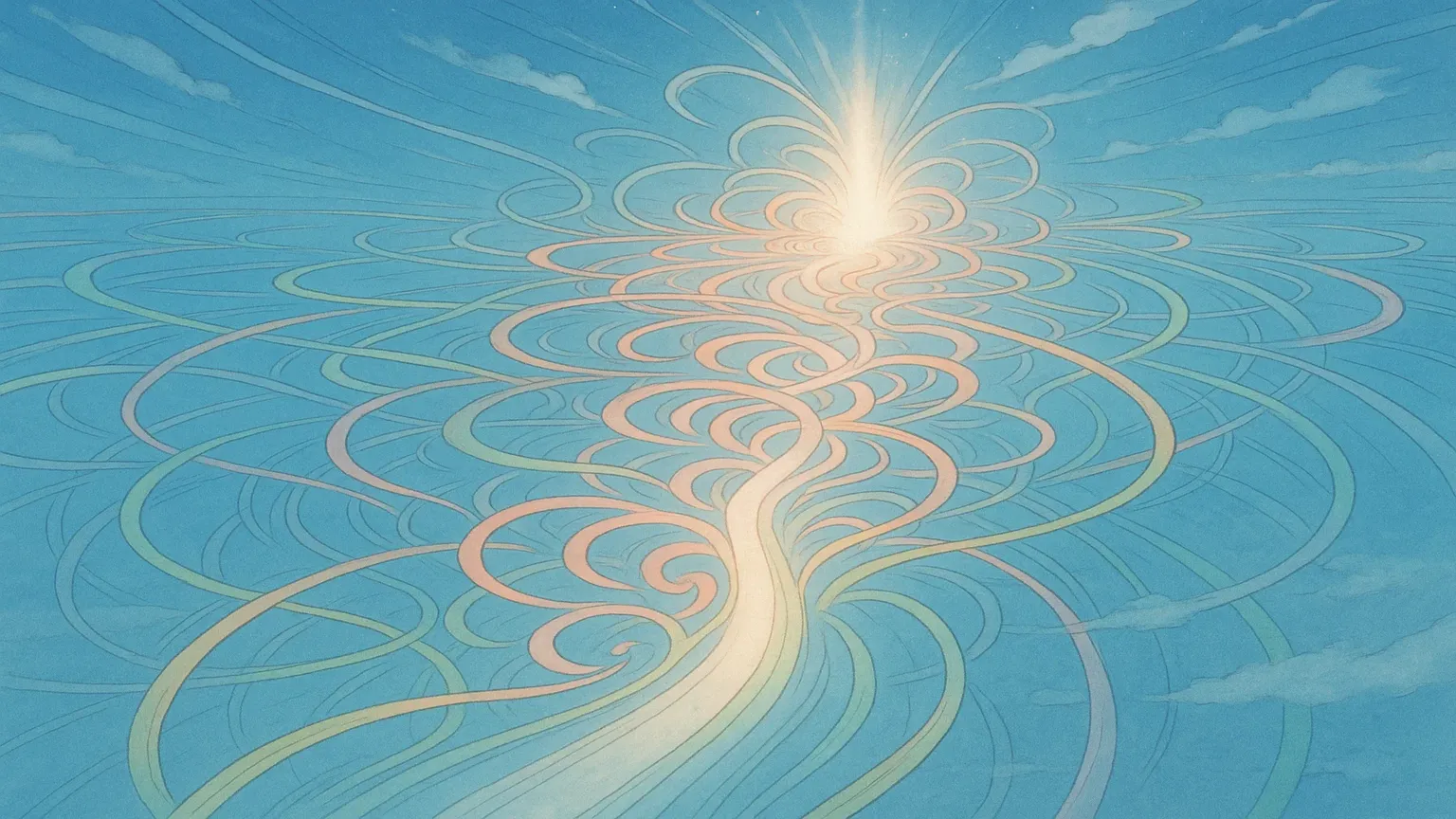 여러 갈래의 길이 하나의 올바른 길로 합쳐지는 모습을 위에서 내려다본 추상적인 이미지