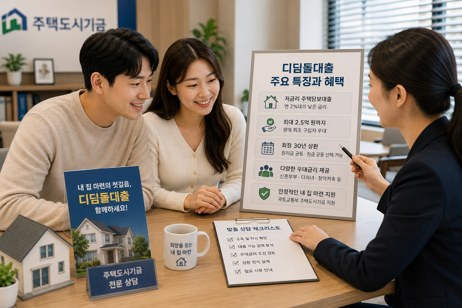 신혼부부가 디딤돌대출 상담을 받으며 주요 혜택과 신청 전 확인 사항을 안내받는 모습