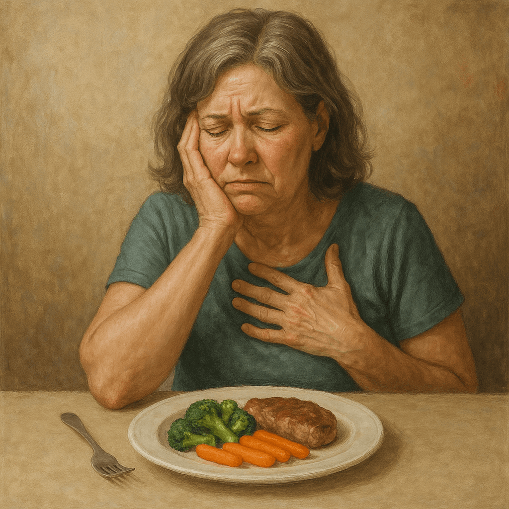 갱년기 입맛 변화로 식욕이 저하된 여성의 이미지