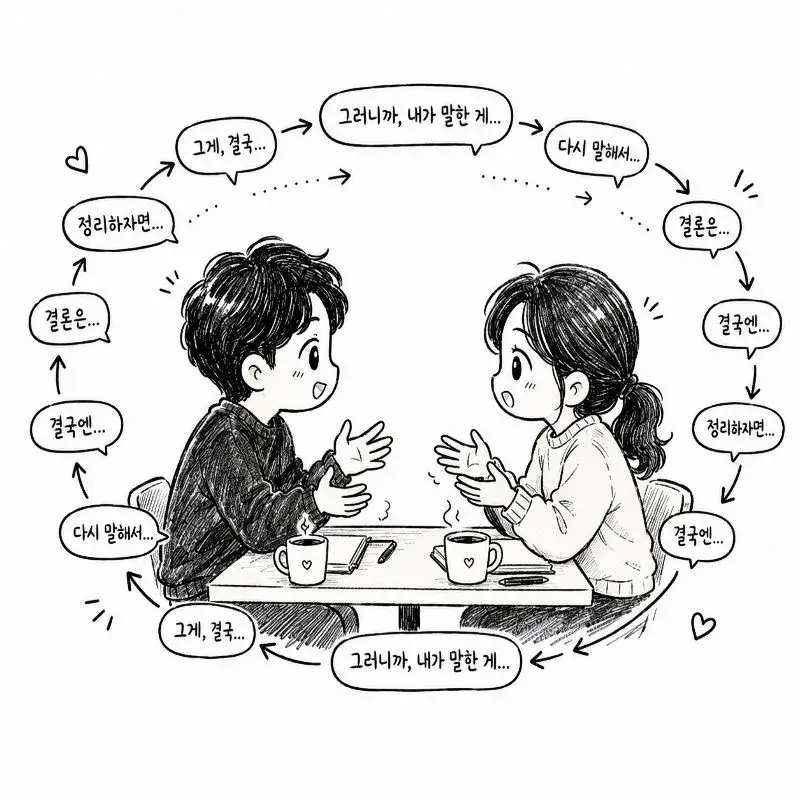중언부언의 의미를 표현한 일러스트로, 두 사람이 같은 내용을 반복해서 말하며 대화가 계속 순환하는 모습을 나타낸 이미지