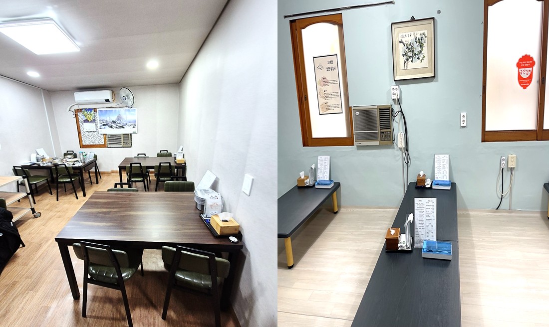 입식 테이블과 좌식 테이블이 있는 함평 전주식당의 실내