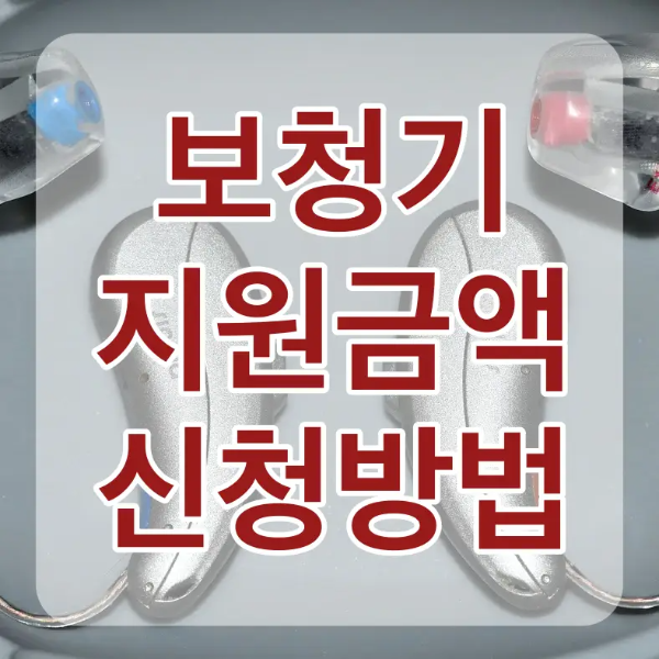 보청기-회색 보청기 2개 위 흰테두리 빨간글씨 보청기 지원금액 신청방법