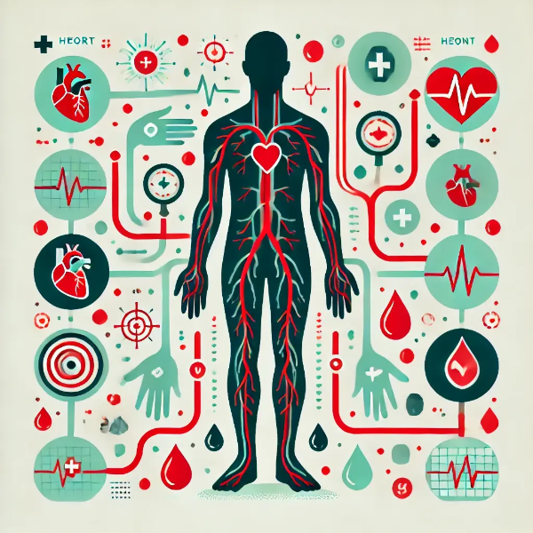 손과 발의 저림을 상징적으로 표현한 디지털 일러스트 &ndash; 퍼플과 블루 계열에 신경 흐름 효과 포함