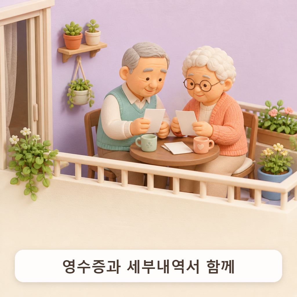 베란다 작은 테이블에서 입원 영수증과 세부내역서를 펼친 노부부