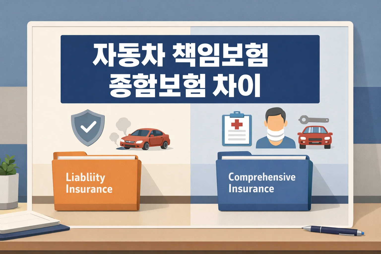 자동차 책임보험 vs 종합보험 비교에서 보장 범위와 보험료 차이의 큰 흐름을 먼저 이해하도록 정리한 썸네일 이미지