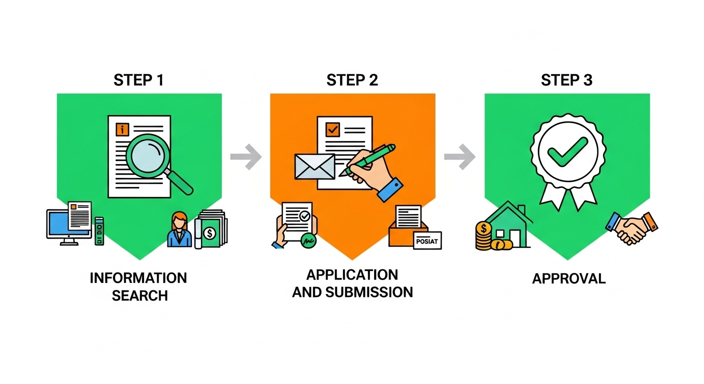 정부 주택 리모델링 지원금 신청 절차를 보여주는 간결한 단계별 인포그래픽