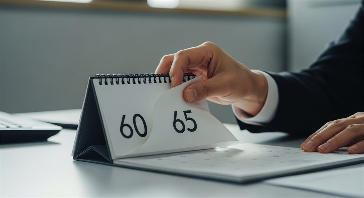 사무실 책상 위 달력과 업무 소품으로 정년 65세 논의를 상징한 장면 