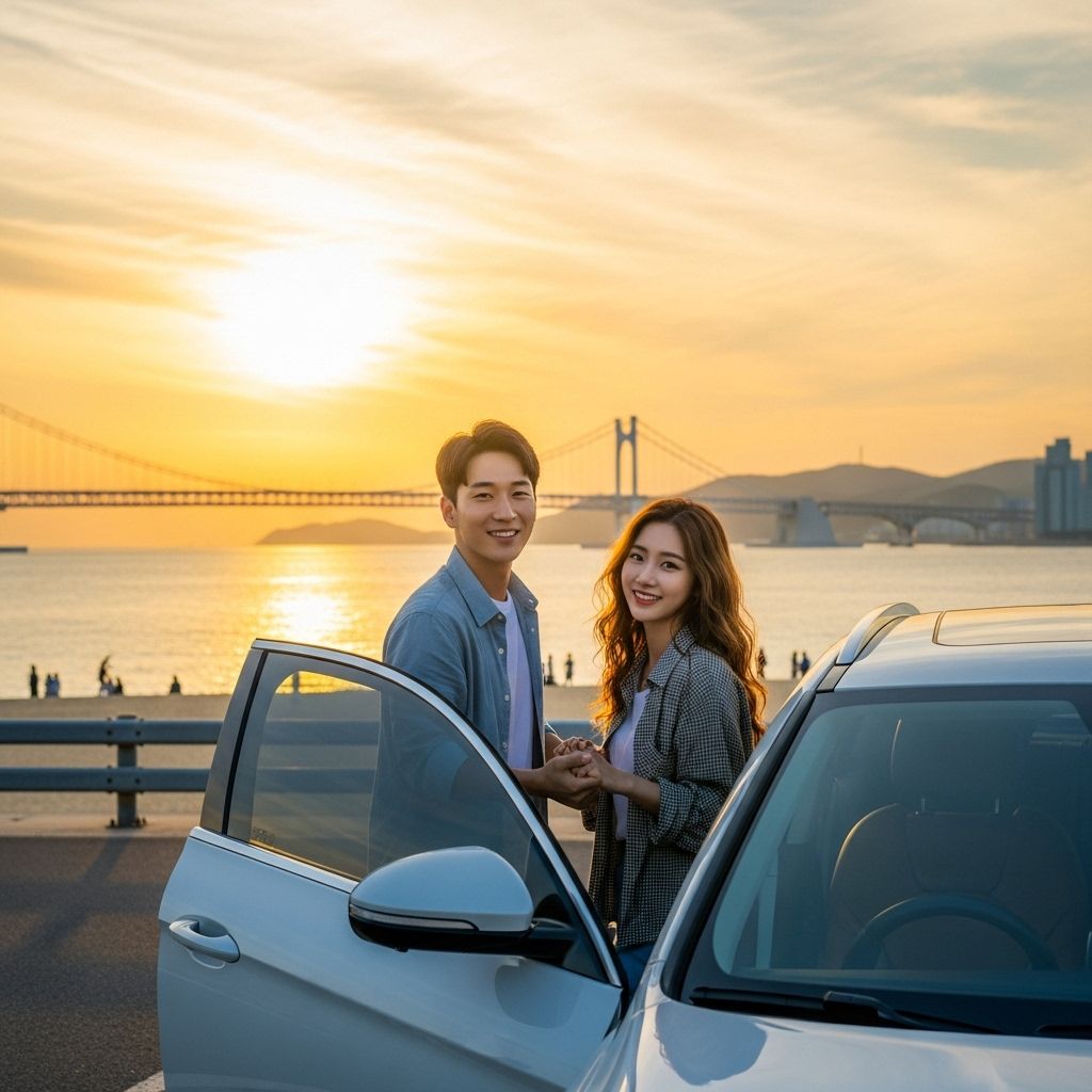 경차 사랑카드, 한강 석양 배경과 자동차, 연인