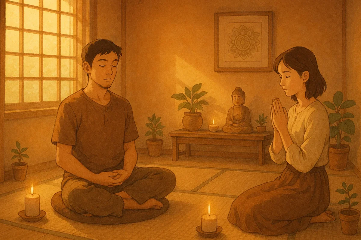 고요하고 따뜻한 분위기의 공간에서 한 사람은 명상을, 다른 한 사람은 기도를 통해 내면의 평화를 찾는 모습