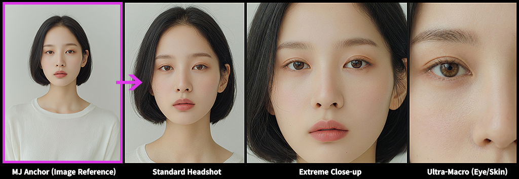 Nano Banana 인물 일관성 Face Scale 프레이밍(Headshot, Extreme Close‑up, Ultra‑Macro) 설계 이미지_Nano Banana