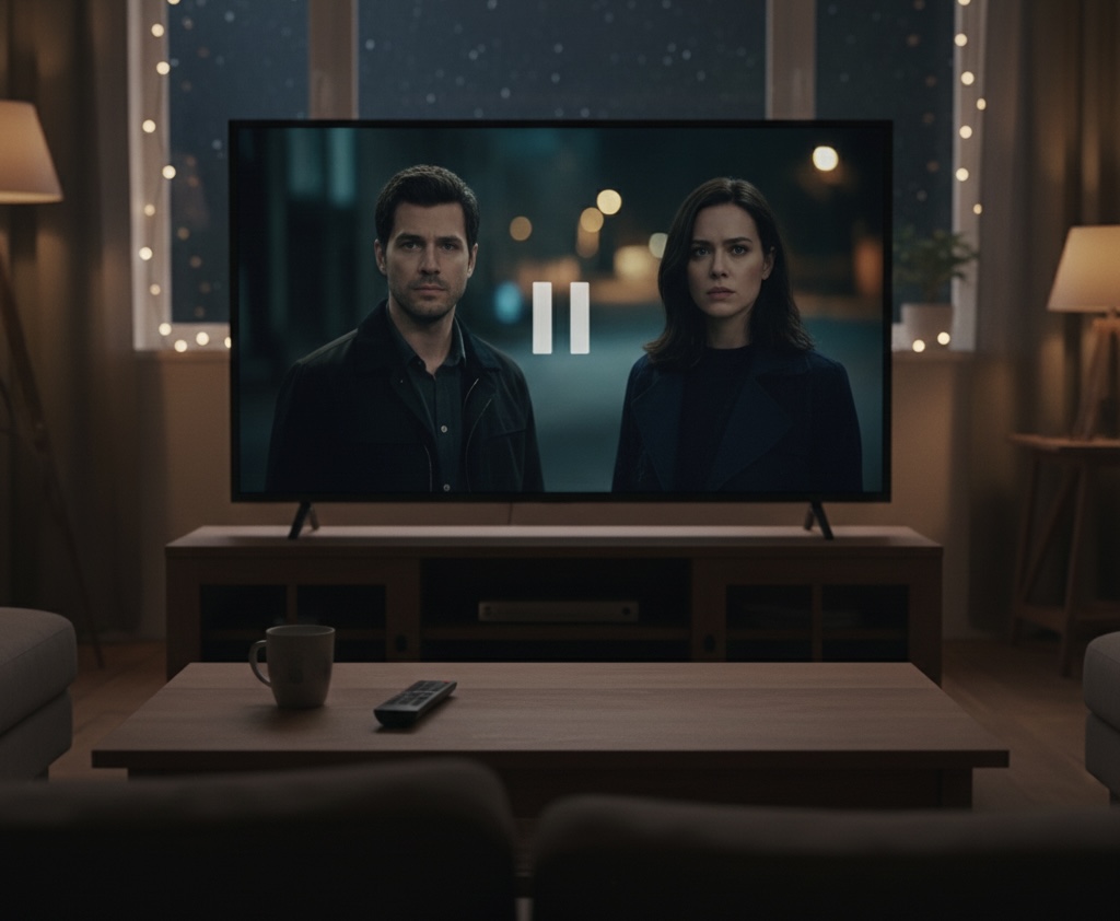 밤에 거실에서 드라마 화면이 일시정지된 TV를 바라보는 차분한 분위기의 장면