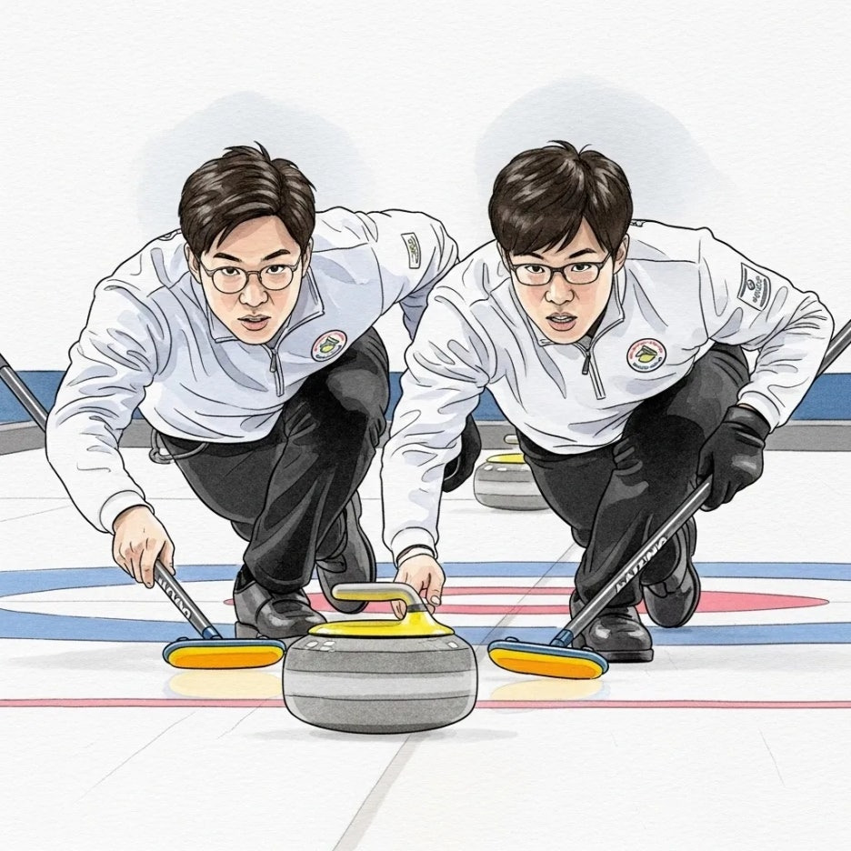 움직이는 스톤 앞에서 얼음을 스위핑하는 선수들