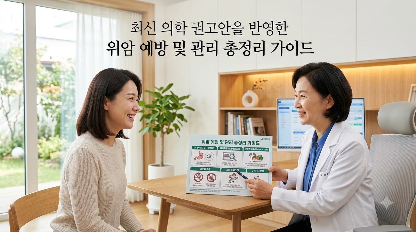 햇살이 비치는 아늑하고 신뢰감 주는 건강검진 및 진료실에서 전문 의료진과 환자가 밝은 표정으로 최신 의학 권고안을 반영한 위암 예방 및 관리 가이드 차트를 함께 보며 차분하게 상의하고 있는 모습. '최신 의학 권고안을 반영한 위암 예방 및 관리 총정리 가이드'라는 문구가 적혀 있어, 최신 가이드라인을 통한 위암 예방과 관리의 중요성을 시각화함.