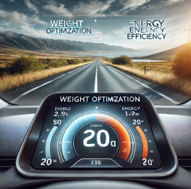 전기차 대시보드를 클로즈업하여 무게 최적화와 에너지 효율성을 강조하는 모습을 멋진 도로 배경으로 보여줍니다.