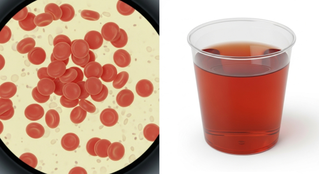 현미경 속 적혈구 혈뇨와 육안으로 보이는 붉은 소변을 비교한 이미지