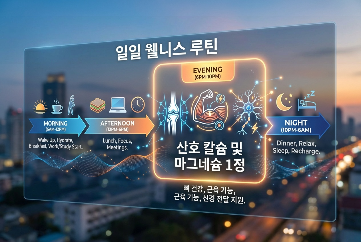 하루 일과를 아침&middot;점심&middot;저녁&middot;밤으로 나누고 저녁 시간에 산호 유래 칼슘과 마그네슘 1정을 더해 뼈와 근육, 신경 기능 관리를 돕는 일일 웰니스 루틴을 인포그래픽으로 표현한 이미지