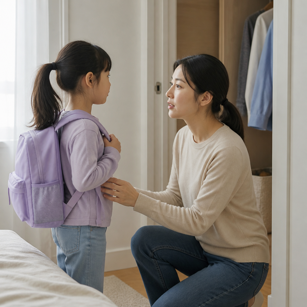 아침 준비 중 아이에게 짧고 차분하게 말하는 부모
