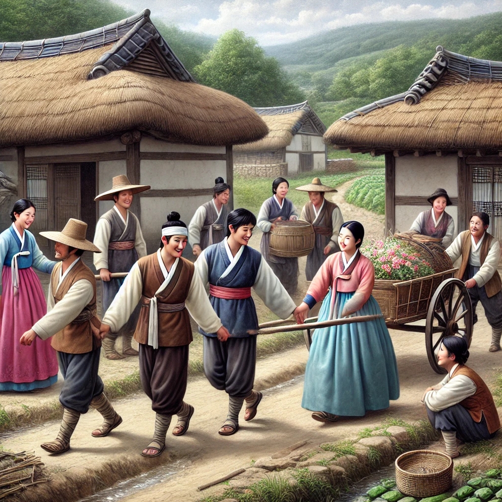 물건을 싣고 이동하는 상인들의 모습에서 기쁨이 보인다.