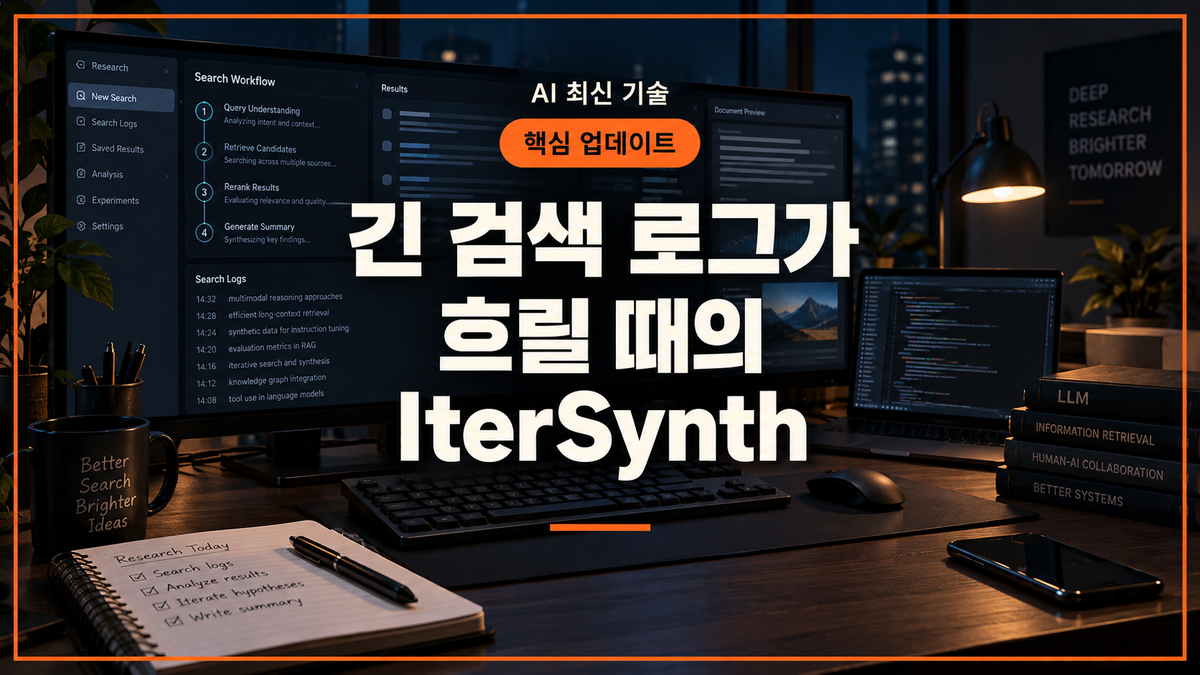 대표 이미지: 긴 검색 로그가 흐릴 때 IterSynth의 Planner와 Synthesizer가 조사 상태를 정리하는 개발 작업 공간