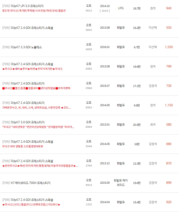 더 뉴 K7 중고차 시세 : 470만원~1,550만원