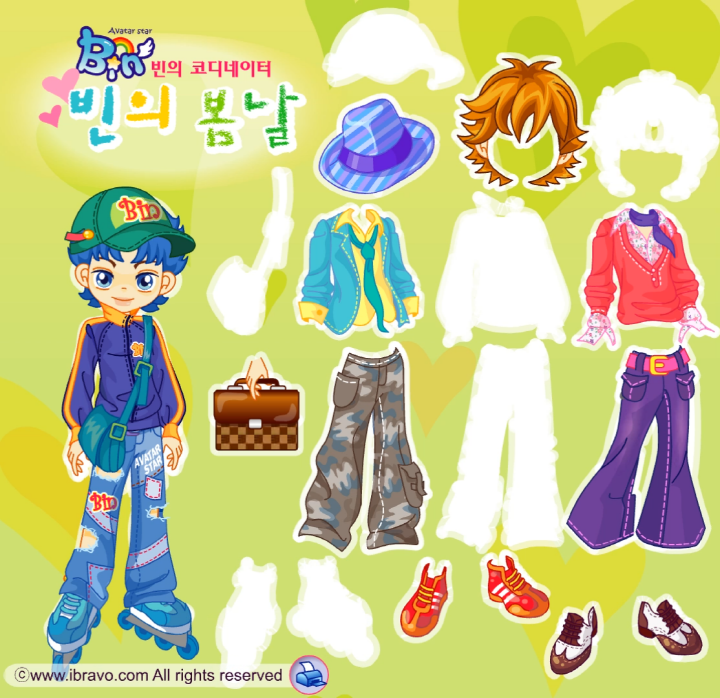 빈의-봄날-코디네이터-옷입히기-플래시게임-플레이-빈에게-상하의와-파란색-인라인-스케이트를-신겨준-화면