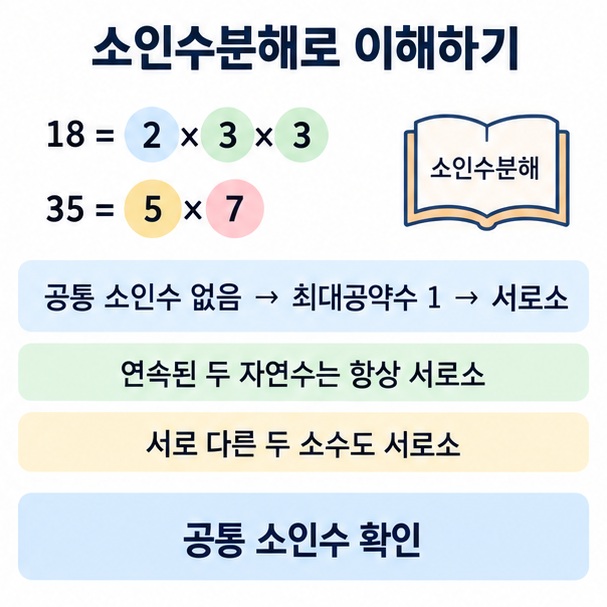 약수 비교 소인수분해 최대공약수 계산으로 서로소를 판별하고 18과 35의 공통 소인수가 없음을 보여주는 이미지