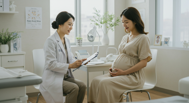 산부인과 의사가 임산부와 상담하는 모습