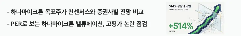 '하나마이크론 목표주가 컨센서스와 증권사별 전망 비교'라는 문구가 포함된 웹배너 이미지. 이 이미지는 하나마이크론의 증권사별 목표주가와 PER 밸류에이션을 시각적으로 전달하며, 블로그의 하나마이크론 목표주가와 관련된 내용을 설명함