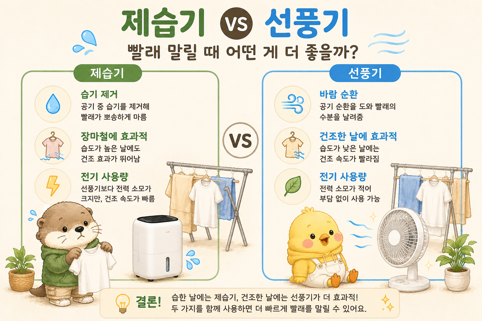 빨래 건조 시 제습기와 선풍기의 효과와 전기 사용량을 상황별로 비교한 인포그래픽
