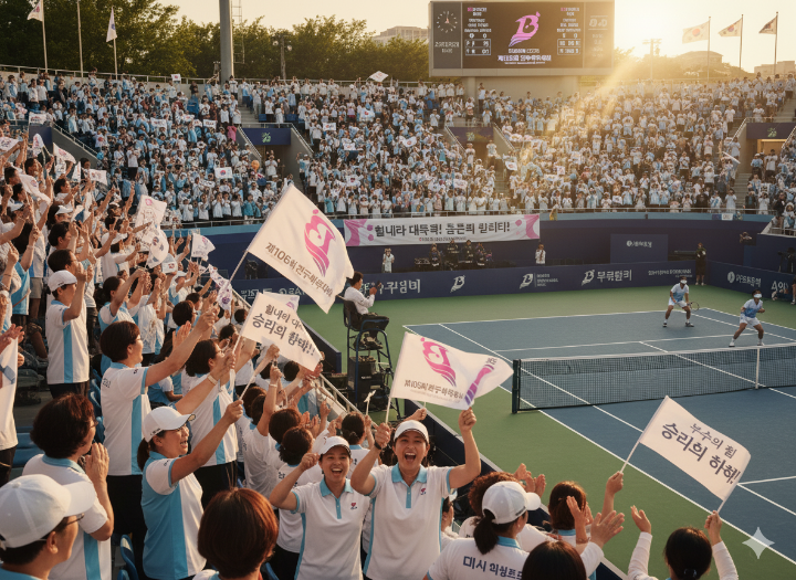 경기장에서 소프트 테니스 경기를 관람하며 응원하는 관중들의 활기찬 모습