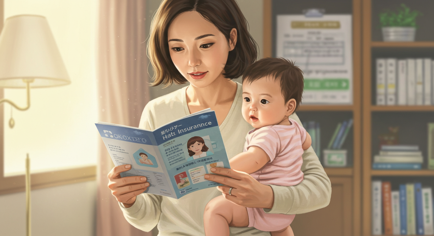 아기를 안고 보험 안내 책자를 보는 엄마