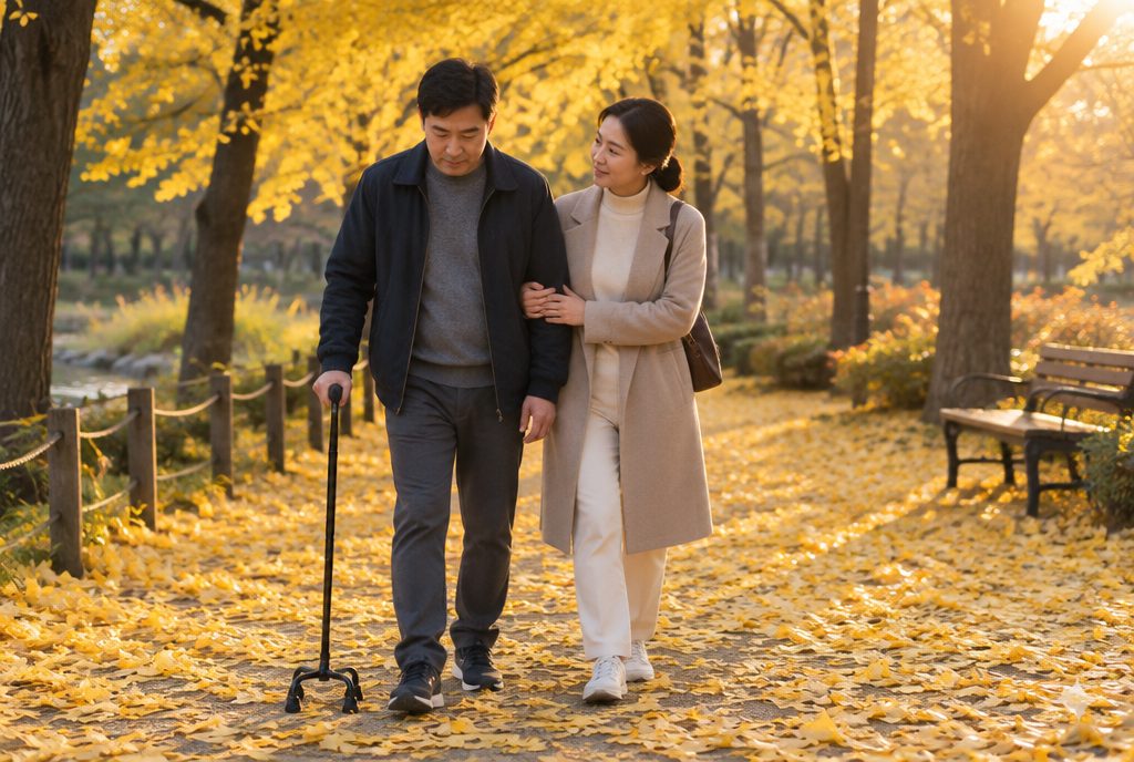 뇌출혈 재활 1년, 지팡이를 짚고 가을 공원을 걷는 편마비 아빠와 아내