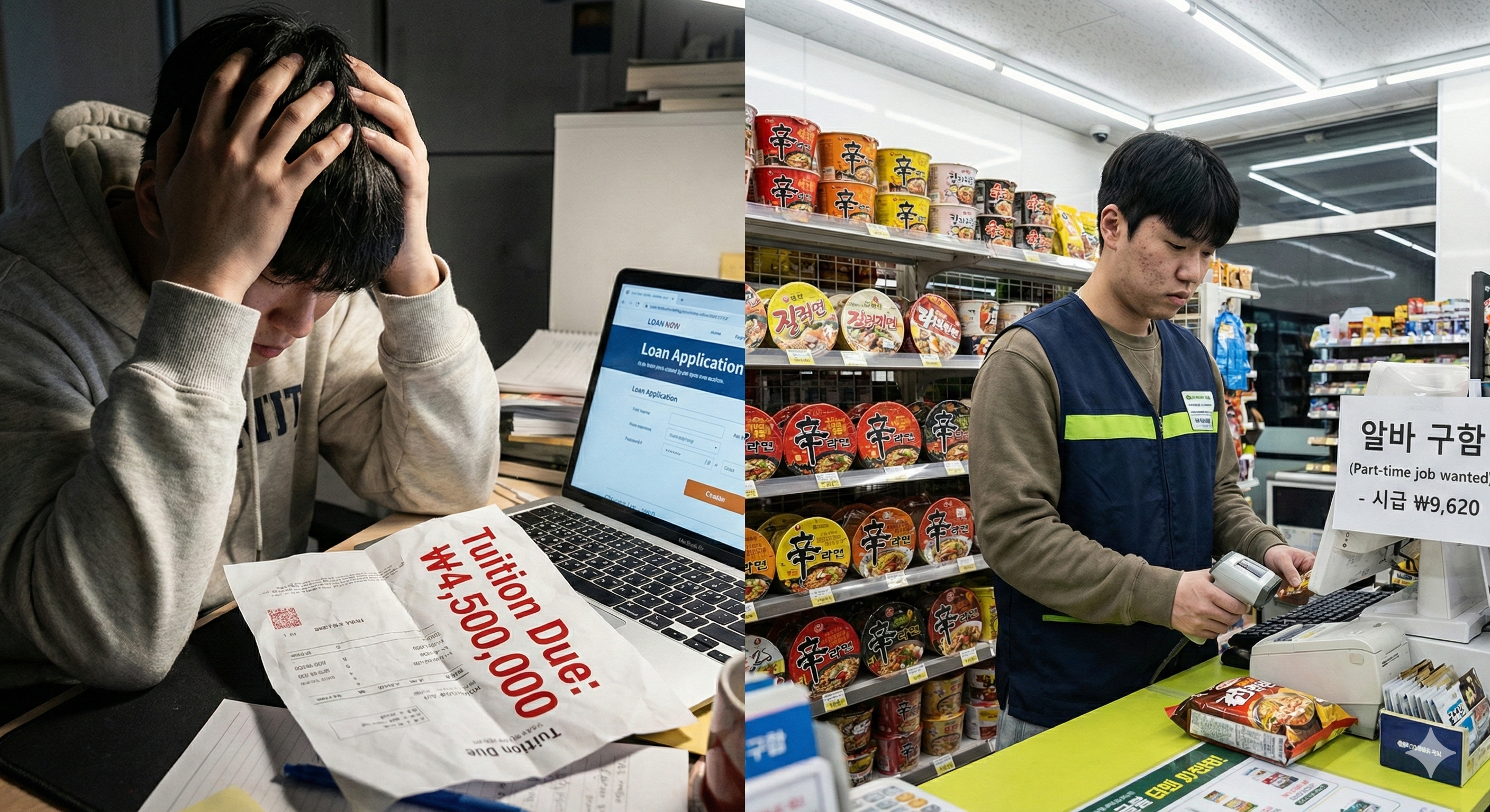 고액의 등록금 고지서를 보고 머리를 싸매는 학생과 편의점 아르바이트를 하는 고단한 모습의 대비