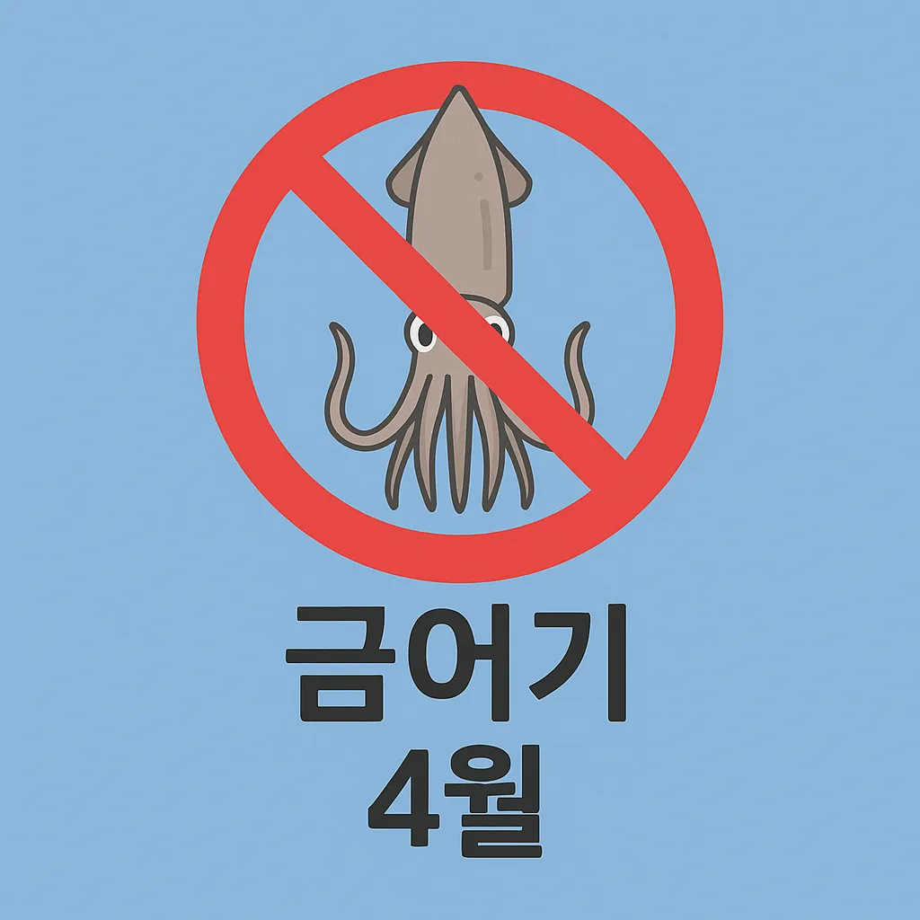 금어기 경고 표지판 옆에 놓인 살오징어