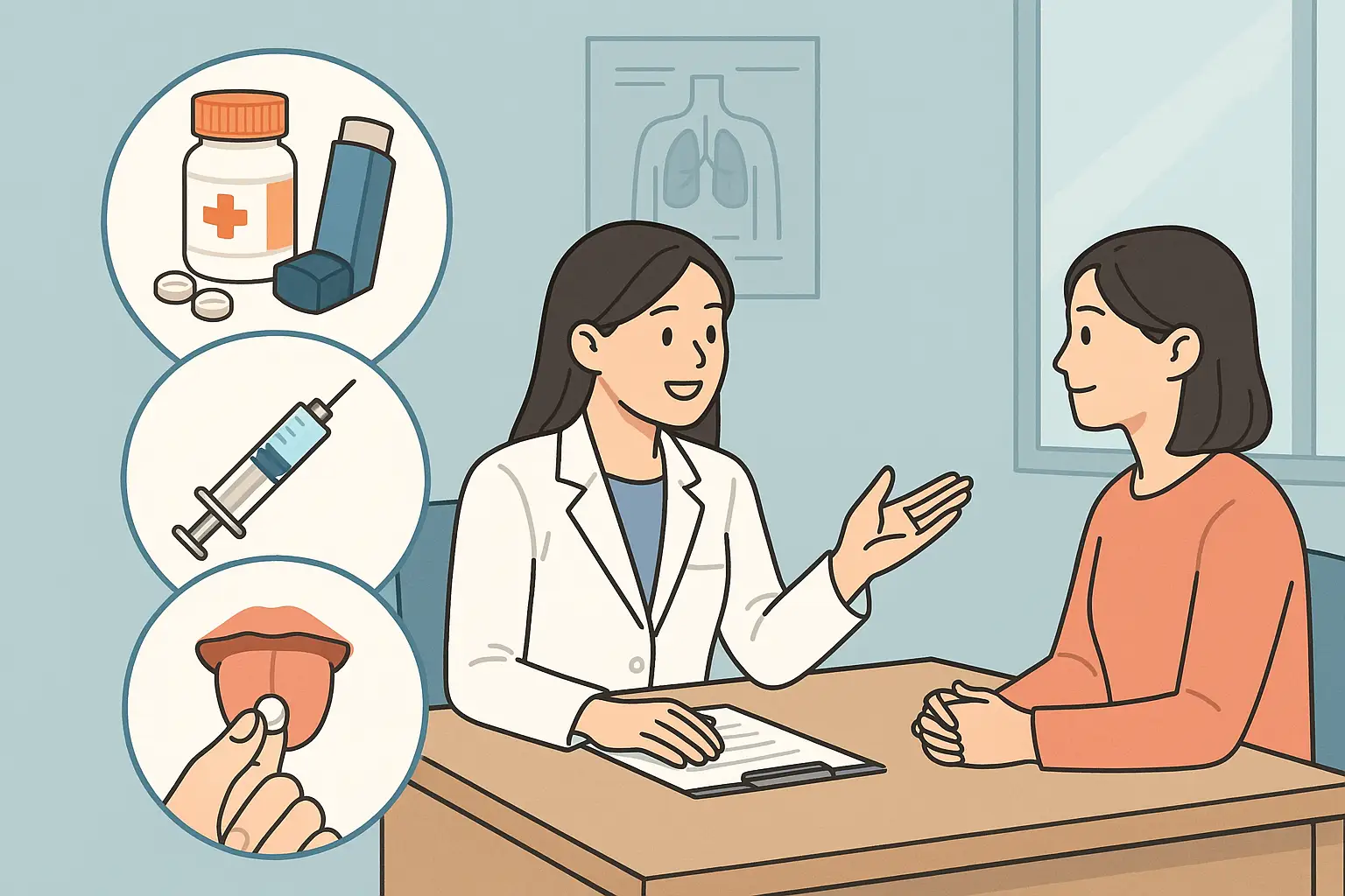 알러지 약물(항히스타민제, 흡입제), 생물학적 제제 주사기, 설하면역요법 과정