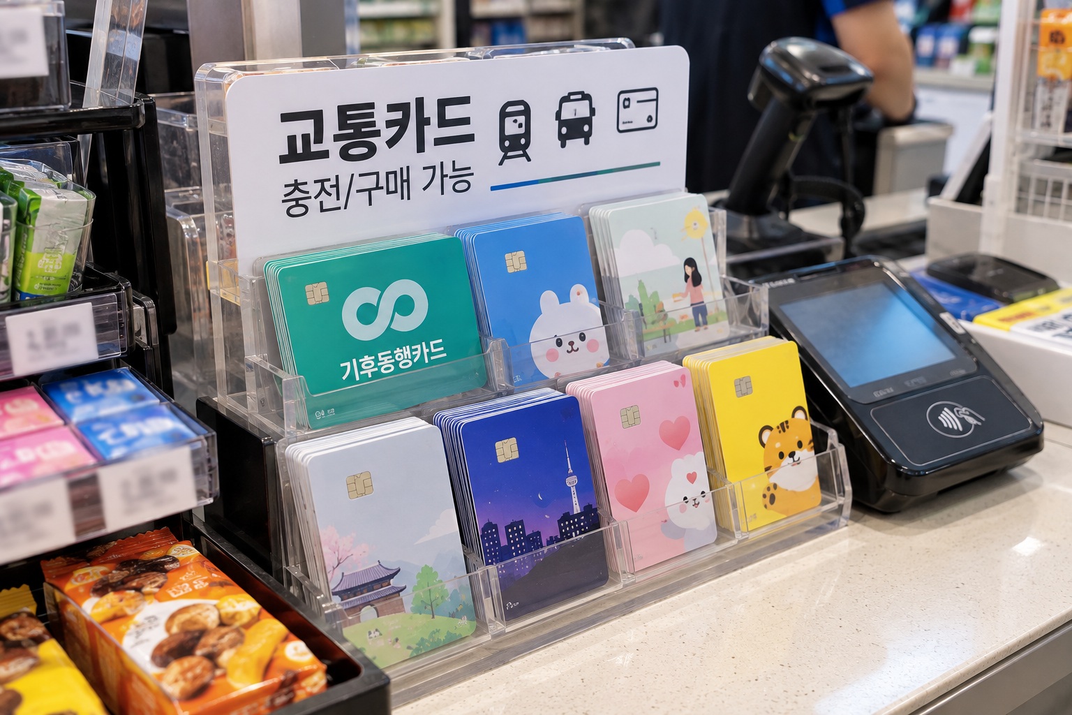 편의점 계산대에 기후동행카드와 다양한 교통카드가 진열된 모습