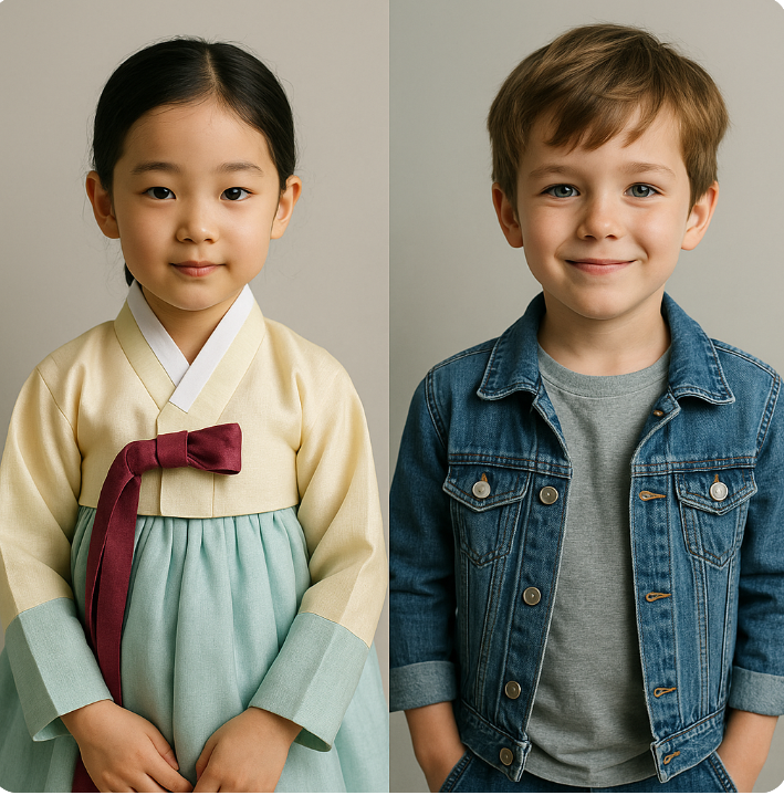 전통복과 현대 아동복 비교 관련 사진